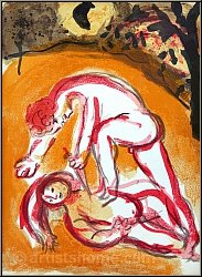 Marc Chagall: Cain et Abel, Lithographie originale Verve Bible 1960 - Le fratricide - �uvre grav� | estampes