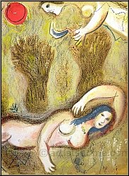 Marc Chagall: Booz se r�veille et voit Ruth � ses pieds, Lithographie originale, Dessins pour La Bible, 1960