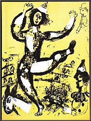 Marc Chagall: � Le Cirque � 1960, Lithographie originale Mourlot, Composition aux clowns sur fond jaune
