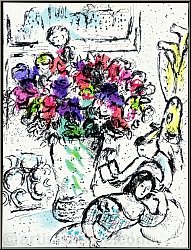 Marc Chagall: �Les An�mones� Lithographie originale 1974, Bouquet de fleurs g�ant dans un vase, frontispice
