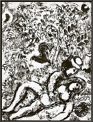Marc Chagall: �Le Couple � l'Arbre� 1963, deux amants en �t�, lithographie originale en noir (Mourlot n� 397)