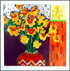 Liz Jardine: Jonquilles, 'Firecracker Floral', Fleurs, S�rigraphie originale sign�e - �uvre grav� | estampes