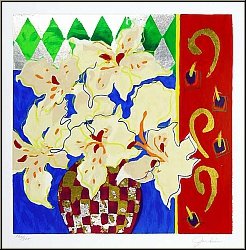Liz Jardine: Fleurs de lis blancs 'Firecracker' S�rigraphie originale sign�e, composition florale - Estampes