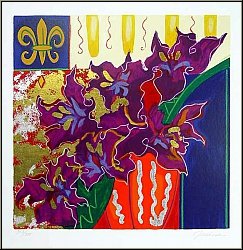 Liz Jardine: 'Firecracker' Fleurs violets, s�rigraphie originale sign�e, composition florale - �uvre graphique