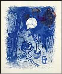 Marc Chagall: � Nature morte bleue � 1957, Lithographie originale, nature morte aux fruits - arts graphiques