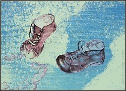 Reiner Schwarz: Lithographie sign�e � Kinderspiel � (bleu) 1974 Paire de chaussures pour enfants, pi�ce unique