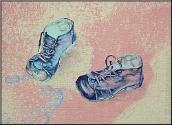 Reiner Schwarz: Lithographie sign�e � Kinderspiel � (rose) 1974 Paire de chaussures pour enfants, pi�ce unique
