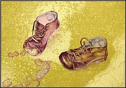 Reiner Schwarz: Lithographie sign�e �Kinderspiel� (jaune) 1974 Paire de chaussures pour enfants, pi�ce unique