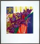 Liz Jardine: 'Firecracker' Fleurs violets, s�rigraphie originale sign�e, composition florale - �uvre graphique